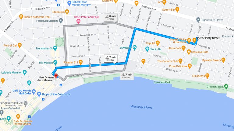 Biking to French Quarter from Bywater, New Orleans on google maps