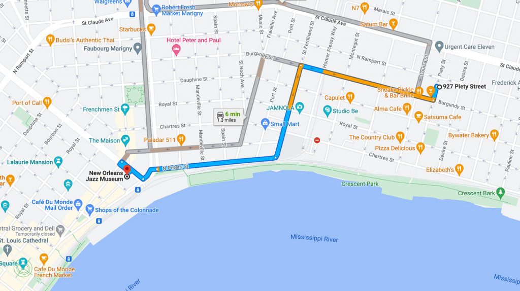Driving to French Quarter from the Bywater, New Orleans on google maps