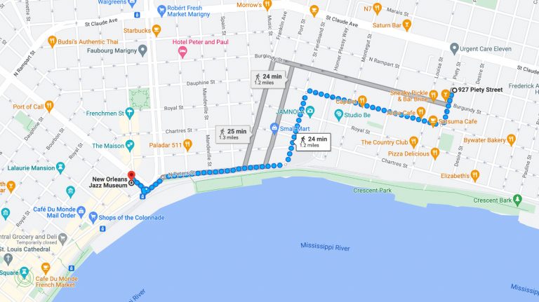Walking to French Quarter from Bywater, New Orleans on google maps